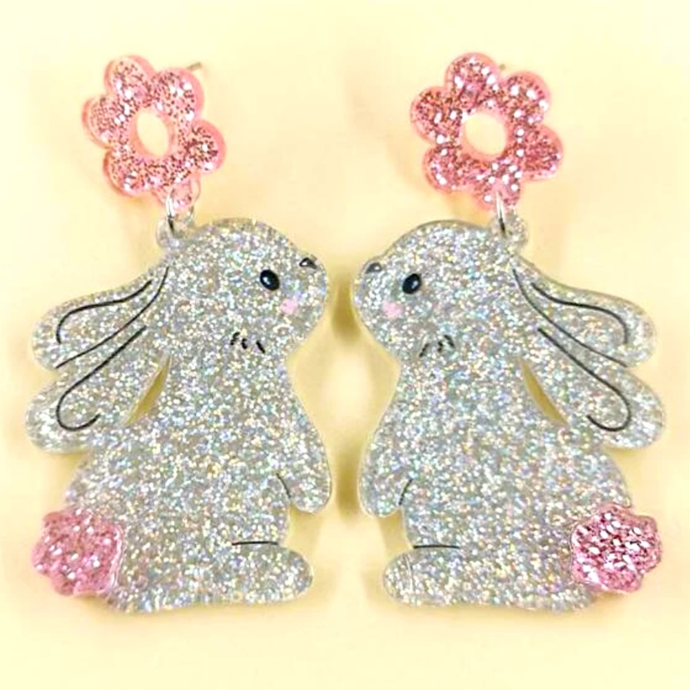 Acrylic Silver Sparkle Bunny Earrings